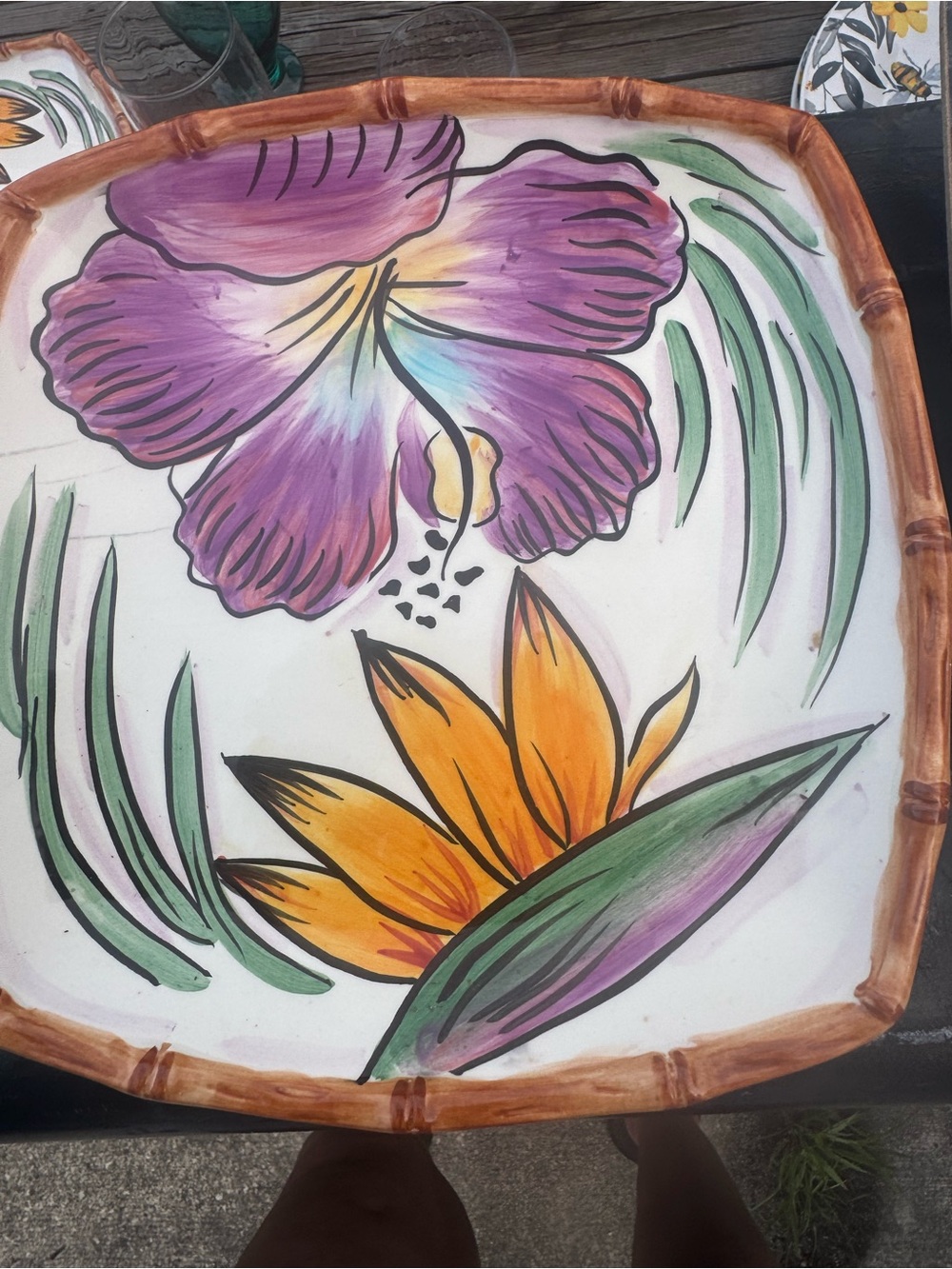 Clay Art "Paradiso" StoneLite plate  hand-painted tropical hibiscus Set Of 4